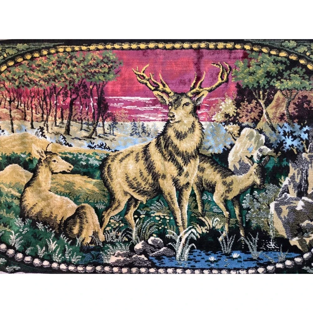 Vintage 50s Italian Fringed Tapestry Rug Wall Hanging Country Scene Deer 48''